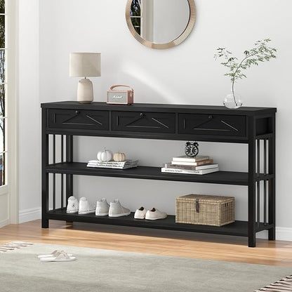 HSH Black Entryway Table with Drawers, 55” Sofa Table with Storage for Living Room, 3 Tier Console Tables with Shelves for Entrance, Wood Metal Entry Hallway Table Behind Couch, Black Oak, 55 Inch