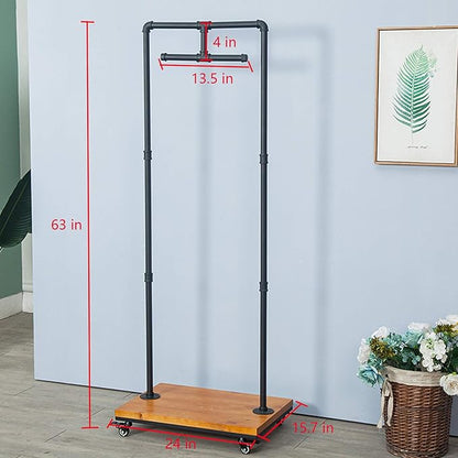 Industrial Pipe and Wood Rolling Clothes Retail Heavy Duty Garment Racks,Metal Clothing Store Hanger Storage Shelves,Floor-Standing Display Rack,Decor Pipeline Shelf (Black)