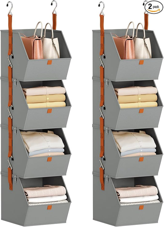 Hanging Closet Organizer 4 Tier - Clothes Hanging Shelves, Space-Saving Closet System, Fabric Storage Bins Bedroom Organization, Collapsible Baskets for Home, Dorm, Rv, Grey, 2 Pack