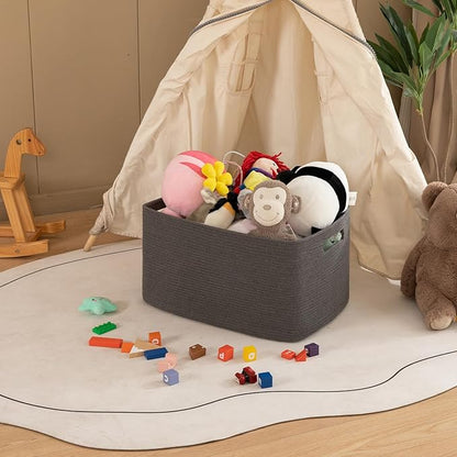 OIAHOMY Large Blanket Basket,Storage Basket with Handle, Blanket Basket for Living Room, Rectangle Woven Cotton Rope Basket for Bedroom, Toy Baskets Organizer Bins, 22" x 17" x 12" in, Dark Grey