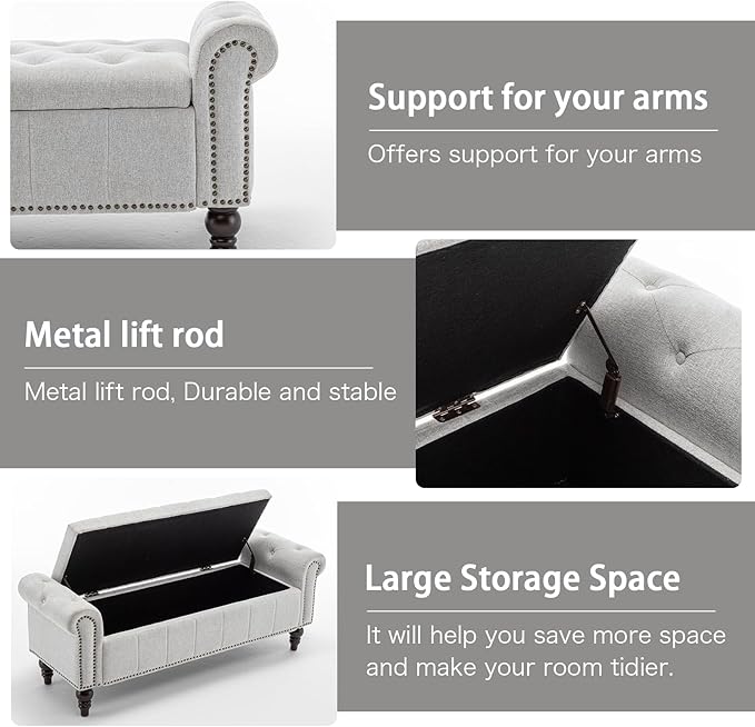 HOMEFLEX 58” Long Storage Bench, Upholstered Ottoman with Tufted Trim, Large End-of-Bed Bench for Bedrooms, Living Rooms, and Entryways (Silver)
