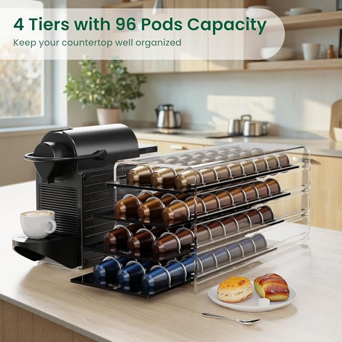 Acrylic Coffee Pod Holder for Nespresso OriginalLine Capsules, 4 Tier Organizer Drawer with 96 Pods Capacity for Countertop Coffee Bar Home Office Kitchen