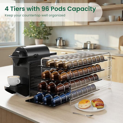 Acrylic Coffee Pod Holder for Nespresso OriginalLine Capsules, 4 Tier Organizer Drawer with 96 Pods Capacity for Countertop Coffee Bar Home Office Kitchen