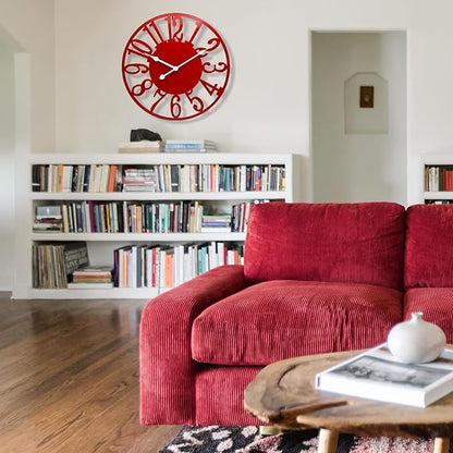 SUKYING 16 Inch Large Wall Clock, Silent Battery Operated Modern Wall Clock, Modern Red Metal Decorative Clock for Patio, Porch, Pool Area, Farmhouse, Living Room