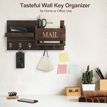 Mail Organizer for Wall Mount – Key Holder with Shelf Includes Letter Holder and Hooks for Hallway Farmhouse Decor – Rustic Wood with Flush Mounting Hardware (16.5” x 9.1” x 3.4”) (Brown)