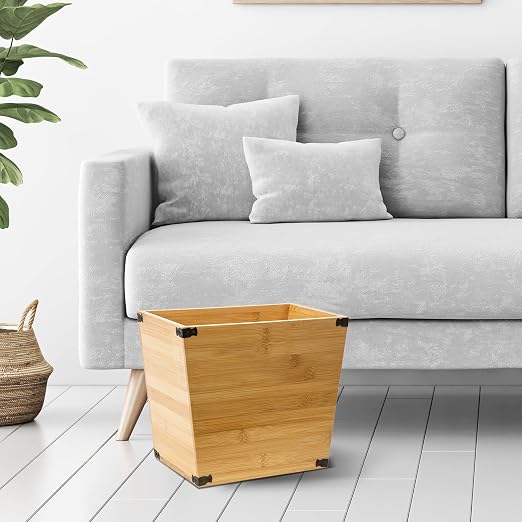 Grey Farmhouse Style Torched Wood Trash Can Waste Bin with Decorative Metal Brackets Trash Can for Bedroom,Living Room, Bathroom & Office (Bamboo Color)