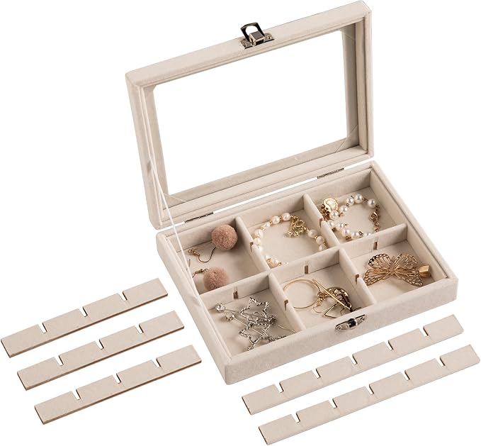 Frebeauty 24 Grid Jewelry Tray,Velvet Stud Earring Organizer,Small Jewelry Organizer with Clear Lid,Lockable Earring Holder Organizer Jewelry Boxes & Organizer Ring Holder for Women & Girls(Beige)