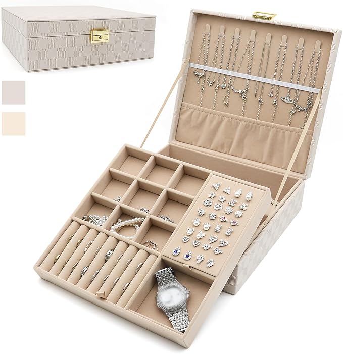 Jewelry Organizer Box, Jewelry Box Organizers for Women Girls, Jewellery Display Holder, 2 Layers Large Leather Jewels Storage Case for Earring, Rings, Necklaces, Bracelets, Watch, Ideal Gift (Beige)