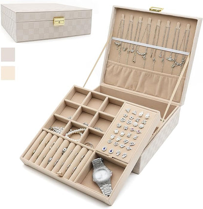 Jewelry Organizer Box, Jewelry Box Organizers for Women Girls, Jewellery Display Holder, 2 Layers Large Leather Jewels Storage Case for Earring, Rings, Necklaces, Bracelets, Watch, Ideal Gift (Beige)