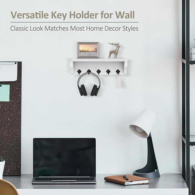 Nekon Key Holder for Wall, 11.8" W x 3.5" H x 2.8" D Decorative Key Organizer with Floating Shelf, Wall Mount Key Rack with 5 Hooks (Rustic White)