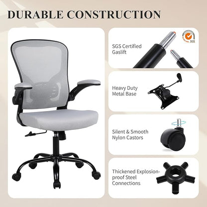 Flysky Ergonomic Office Chair, Mesh Home Office Desk Chair with Flip-up Arms and Lumbar Support, Height Adjustable, Swivel, Gray
