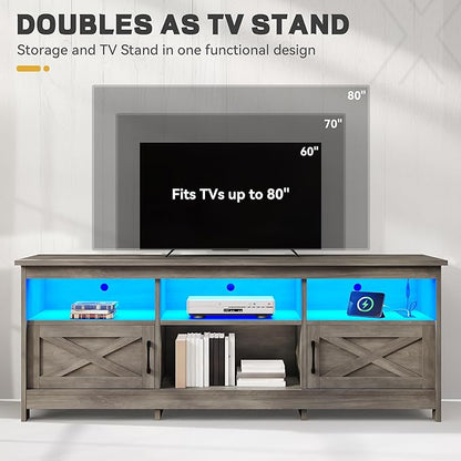 YITAHOME TV Stand for 80/75/70 Inch TVs, Farmhouse Entertainment Center with LED Lights & Storage Cabinets, Open Shelves & Adjustable Shelf, TV Consoles for Living Room, Washed Gray