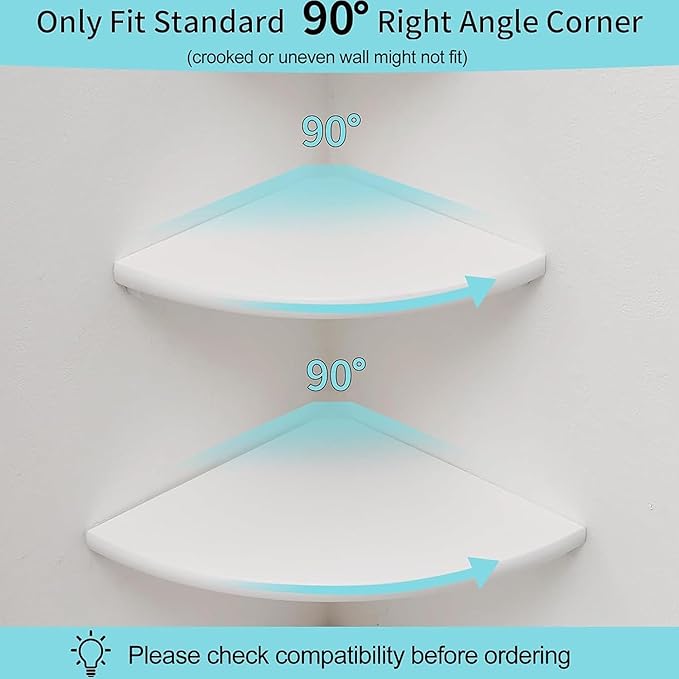 Conamily Corner Shelves, Floating Corner Shelf, Set of 2 White Solid Oak Wood Wall Shelves, Round End Wall Mount with Wire Hole Shelving for Small Plant for Bedroom Kitchen, Living Room 8.7"