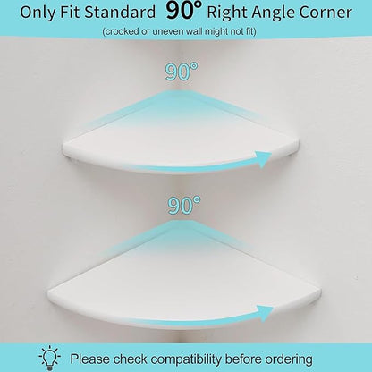 Conamily Corner Shelves, Floating Corner Shelf, Set of 2 White Solid Oak Wood Wall Shelves, Round End Wall Mount with Wire Hole Shelving for Small Plant for Bedroom Kitchen, Living Room 8.7"