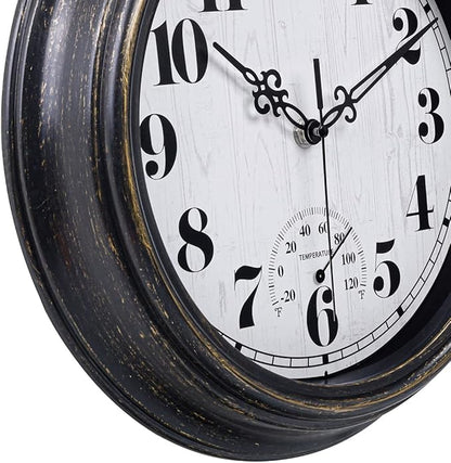 zyzamay 12 Inch Indoor Outdoor Clocks,Waterproof Wall Clock with Thermometer,Easy to Read,Non-Ticking Battery Operated Quality Quartz Clock, Decorative for Patio,Porch,Pool,Bathroom(BlackGold)