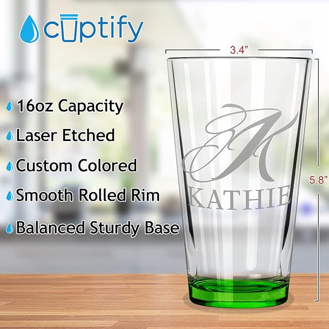 Personalized Beer Glasses Set of 4 Engraved Green 16oz Pint Glasses for Men & Women, Custom Drinking Gift for Birthdays, Weddings, Father’s Day & More