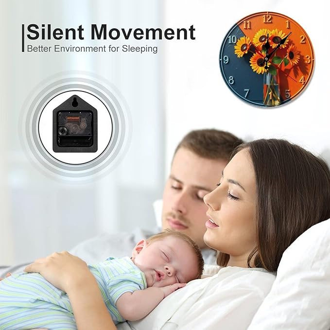 Wall Clock， Sunflower Modern Non Ticking Wall Clocks Battery Operated， Orange and Blue Wooden Wall Clocks for Kitchen， Living Room， Bedroom， Office， Bathroom Decorative 25 * 25cm