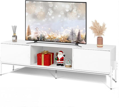 WLIVE 58" TV Stand for 65 Inch TVs, Mid Century Modern Entertainment Center with 2 Storage Cabinets & Open Shelf, Media Console Table with Metal Legs for Living Room, Bedroom, White