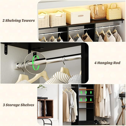 Cyclysio 4FT Small Closet System, 80"H Closet Organizer System with 4 Closets Rods & 3 Shelves, 48" Closets Organizers and Storage for Small Bedrooms, Laundry Rooms, Cloakrooms, Black