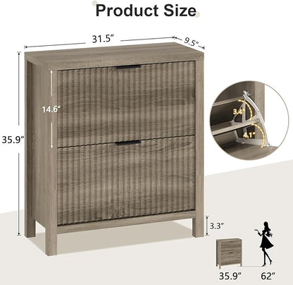 Shoe Cabinet Storage for Entryway, Fluted Shoe Cabinet with 2 Flip Drawers, Hidden Shoe Rack Tall Freestanding Shoe Organizer with Legs for Hallway, Gray