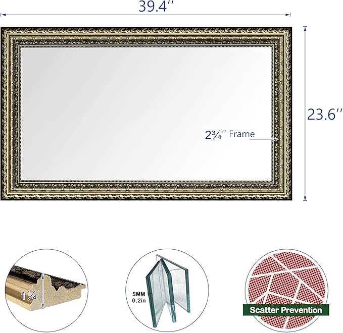 H-A Black&Gold Framed Rectangle Bathroom Mirrors for Wall,Wall Mounted Vintage Mirror Vertical or Horizontal Hanging for Living Room,Bedroom (40''x24''Vintage)