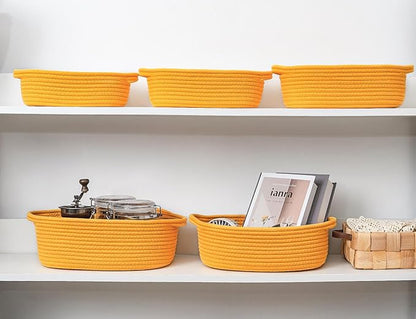 CubesLand Small Cotton Rope Storage Basket Set 5, Shelves Baskets for Organizing with Handle, Decorative Closet Storage Bins for Countertop Toilet Paper Basket for Toilet Tank Top,Yellow Basket