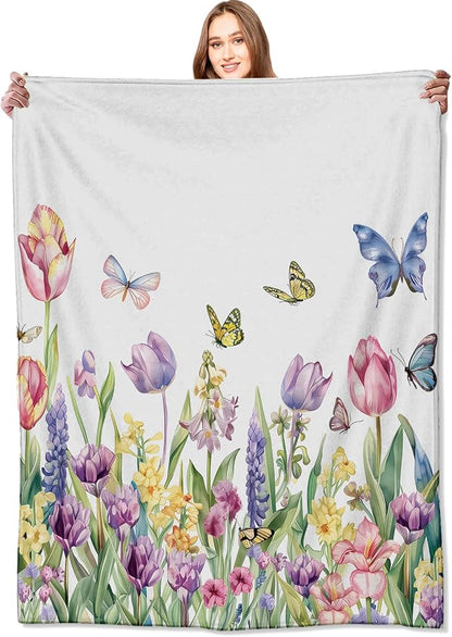 Spring Tulip Flower Blanket Cute Floral Throw Blankets with Colorful Butterfly,Birthday Gifts for Girls Women & Nature Lovers,Lightweight Soft Fleece,for Sofa Couch Bed Room Decor 50x60in