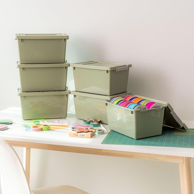 IRIS USA 4 Qt. Craft Storage Bins with Lids, 6-Pack, |Made in USA|, Clip Box, Small Plastic Sensory Bin Tote Organizer Containers for Art Supplies, Paper, & Office, Stackable - Sage Green