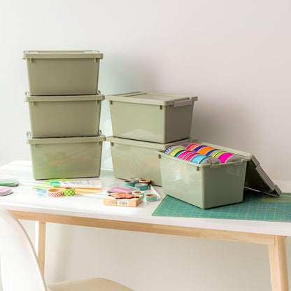 IRIS USA 4 Qt. Craft Storage Bins with Lids, 6-Pack, |Made in USA|, Clip Box, Small Plastic Sensory Bin Tote Organizer Containers for Art Supplies, Paper, & Office, Stackable - Sage Green