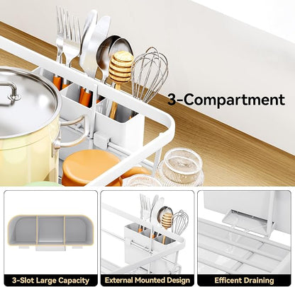 TOOLF Dish Drying Rack, Dish Racks for Kitchen Counter, Stainless Steel Sink Organization and Storage Essentials with Cutlery Holder, Dish Drainer, Home and Appartment Decor, 12.4''W x 16.5''L, White