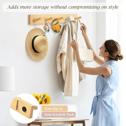Coat Rack Wall Mount, Wooden Coat Hanger with 5 Hooks, Heavy Duty, Natural, 1 Pcs