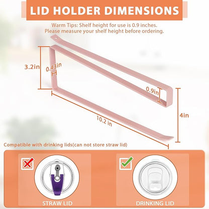 2 Pack Tumbler Lid Organizer, Horizontal Tumbler Lid Storage Hook to Hold Up 20 Lids, Space Saving Cup Lid Holders Under Cabinet Tumbler Lid Hook for Kitchen Organizer, Paper Towel Rack Hanger (Pink)