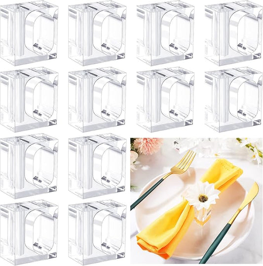 Meanplan 12 Pcs Flower Napkin Rings Clear Acrylic Napkin Holder Rings Bulk Square Flower Bud Vase Combo for Wedding, Birthday Banquet Table Decor, 1.77 x 1.97 Inch