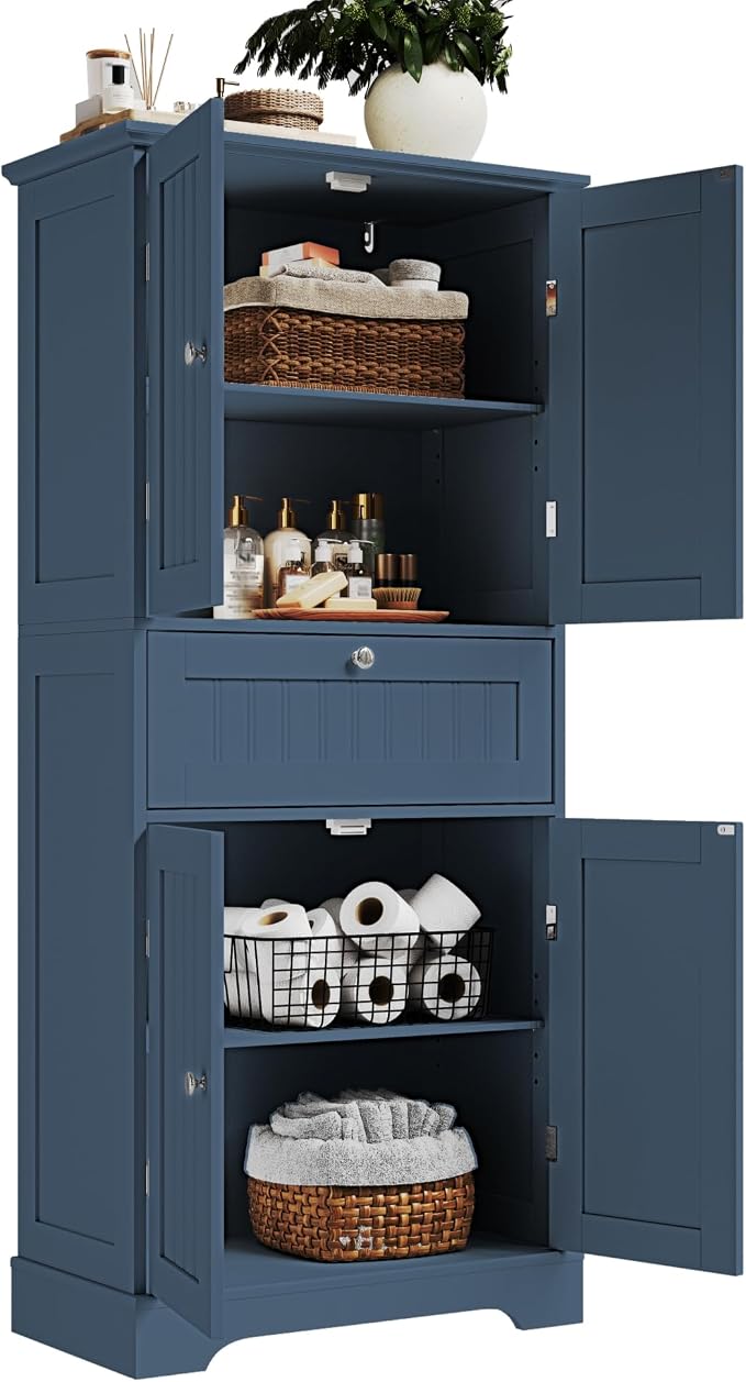ChooChoo 51" H Tall Bathroom Floor Cabinet, Modern Bathroom Storage Cabinet with Drawer and Adjustable Shelves, Freestanding Kitchen Pantry Cupboard with 4 Doors for Living Room, Blue