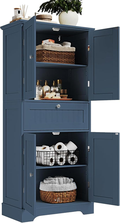 ChooChoo 51" H Tall Bathroom Floor Cabinet, Modern Bathroom Storage Cabinet with Drawer and Adjustable Shelves, Freestanding Kitchen Pantry Cupboard with 4 Doors for Living Room, Blue