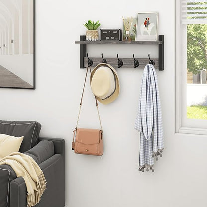 Homode Wall Hooks with Shelf, Coat Rack Wall Mount, Entryway Shelf with Hooks for Clothes, Backpack, Key, Purse - Rustic Grey