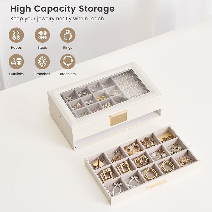 Lolalet Earring Storage Box Case with Glass Top, Large Earring Jewelry Holder Organizer Display with Drawer and Grid, Gift for Girls Women -2 Tiers, Cloud White
