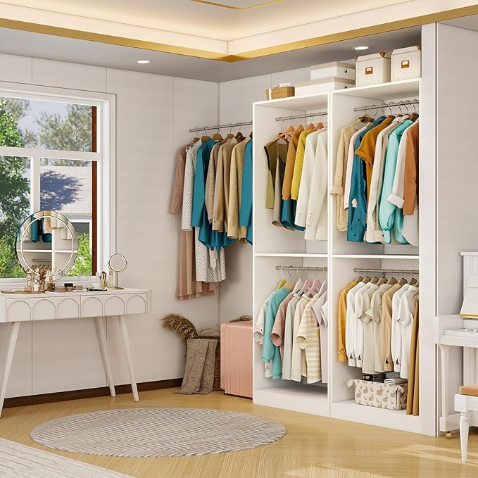 Closet System with 3 Hanging Rods& Shelf , 2FT Small Closet Organizer System Wood with Extra Side Hanging Rod for Walk in Closet Storage, Modular Closet Systems, White(2FT)