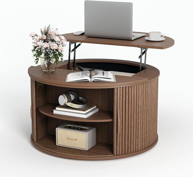 SULIVES Round Coffee Table with Lifting Top, Multifunctional Drum Coffee Table with Sliding Door, Small Fluted Center Table for Living Room, Walnut