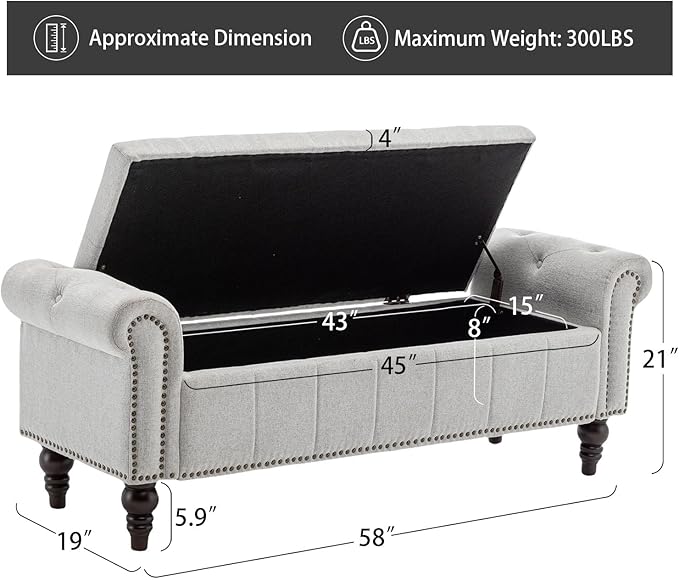 HOMEFLEX 58” Long Storage Bench, Upholstered Ottoman with Tufted Trim, Large End-of-Bed Bench for Bedrooms, Living Rooms, and Entryways (Silver)