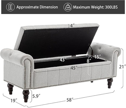 HOMEFLEX 58” Long Storage Bench, Upholstered Ottoman with Tufted Trim, Large End-of-Bed Bench for Bedrooms, Living Rooms, and Entryways (Silver)
