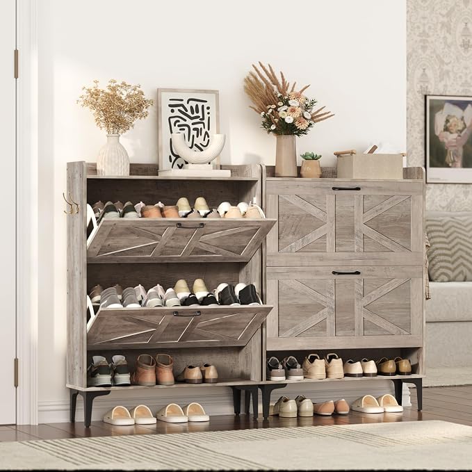 MAHANCRIS Shoe Storage Cabinet, Shoe Organizer with 2 Flip Drawers, Hidden Shoe Storage for Entryway, Freestanding Shoe Cabinet Organizer with Open Storages, Greige SHHG9401