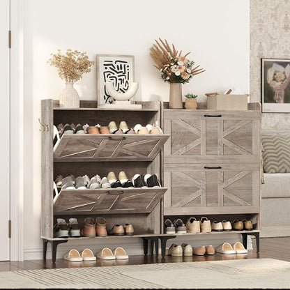 MAHANCRIS Shoe Storage Cabinet, Shoe Organizer with 2 Flip Drawers, Hidden Shoe Storage for Entryway, Freestanding Shoe Cabinet Organizer with Open Storages, Greige SHHG9401
