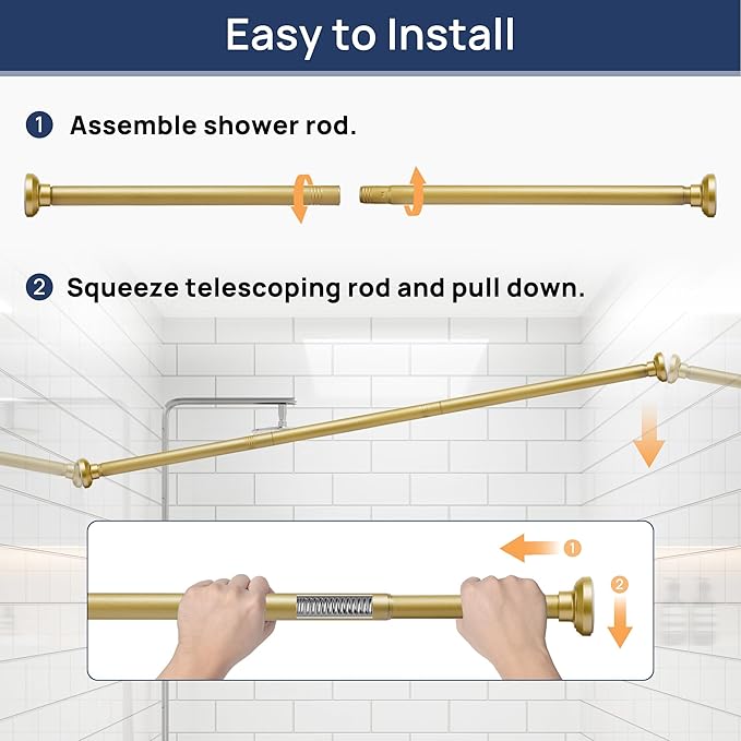 ENJOYBASICS Gold Shower Curtain Rod 30 to 76 Inches, Stainless Steel Adjustable Spring Tension Rods No Drill for Bathroom, Closet, Window, Room Divider, Never Rust, Non Slip