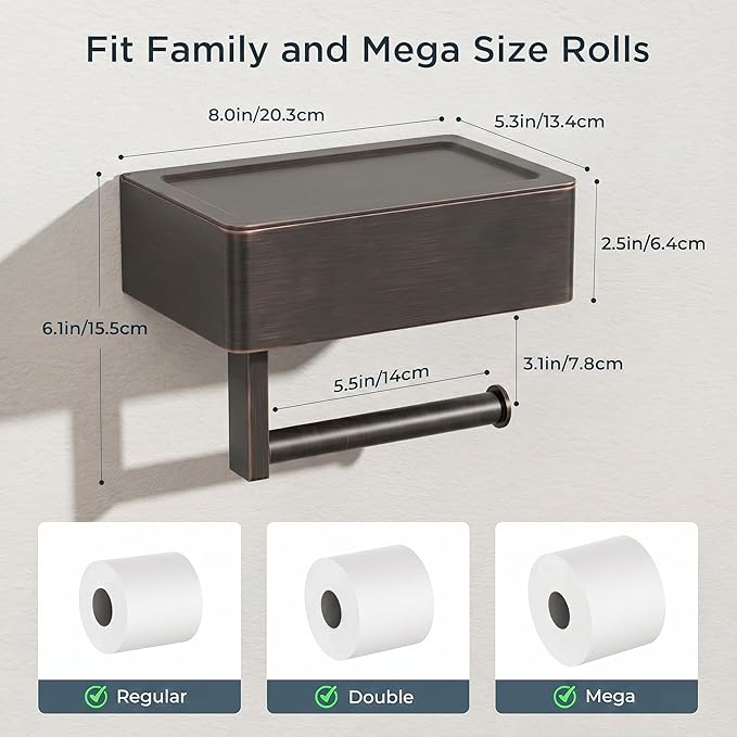 FORIOUS Toilet Paper Holder with Shelf, Sanitary Napkin Receptacle Tampon Holder, Wall Mount Toilet Paper Holder with Storage, Flushable Wipes Dispenser Fits for Bathroom Commercial(1, ORB)