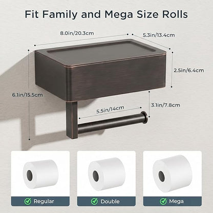 FORIOUS Toilet Paper Holder with Shelf, Sanitary Napkin Receptacle Tampon Holder, Wall Mount Toilet Paper Holder with Storage, Flushable Wipes Dispenser Fits for Bathroom Commercial(1, ORB)