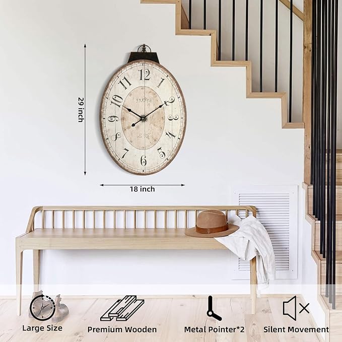 MODE HOME Large French Country Oval Wall Clock for Living Room Decor, 18 x 29 Inch Rustic Farmhouse Wall Clock Decorative, Solid Wood Frame with Iron Hanging Ring, Silent Non-Ticking Battery Operated