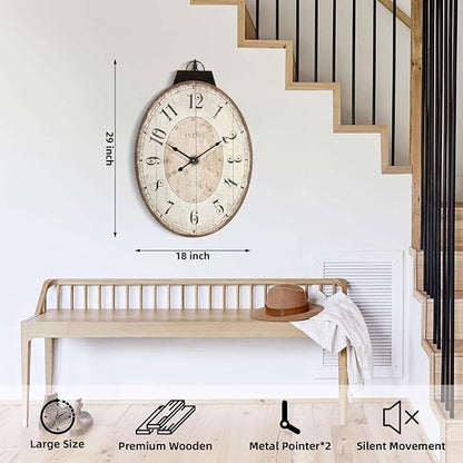 MODE HOME Large French Country Oval Wall Clock for Living Room Decor, 18 x 29 Inch Rustic Farmhouse Wall Clock Decorative, Solid Wood Frame with Iron Hanging Ring, Silent Non-Ticking Battery Operated