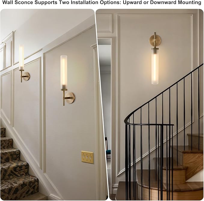 Modern Hardwired Frosted Glass Bathroom Wall Sconces, Handmade Knurled Brass Wall Light Fixture,Modern Vanity Light for Living Room,Hallway, Bedroom, 20" Indoor Wall Lamp, Bulb Included