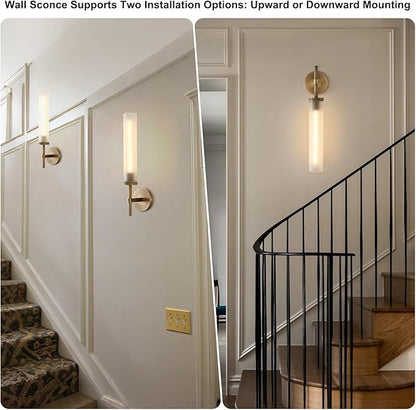 Modern Hardwired Frosted Glass Bathroom Wall Sconces, Handmade Knurled Brass Wall Light Fixture,Modern Vanity Light for Living Room,Hallway, Bedroom, 20" Indoor Wall Lamp, Bulb Included